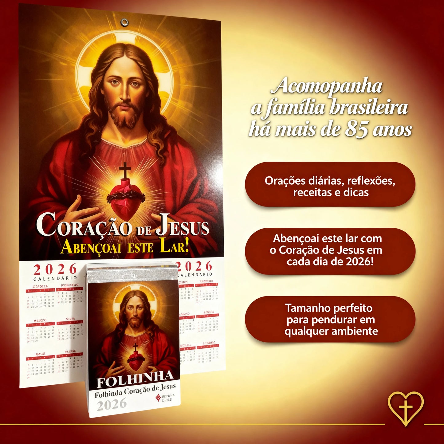 Calendário - Folhinha Sagrado Coração De Jesus 2026 Com Bloco Diário de Oração e Reflexões